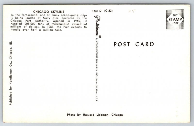 Navy Pier Loading Dock Cargo Ship Chicago Skyline C1950 Postcard J1