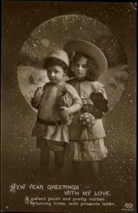 New Year Little Girl and Boy in Snow Real Photo Live Action EAS Postcard