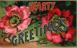 Vintage Postcard 1910 Hearty Greetings Two Flowers Floral Bloom