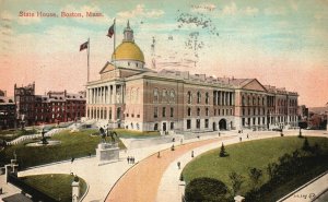Boston MA-Massachusetts, 1915 State House Building Street View, Vintage Postcard