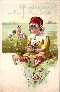 Easter PC Little Girl with Basket of Flowers in Field Children Picking Flowers