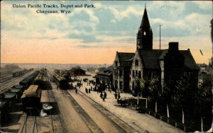 CHEYENNE WY Union Pacific Railroad Tracks & Depot BARKALOW Pub c1910 PC
