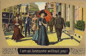 VALENTINE Related,1910's, Romance, Love, Lonely Woman on City Street, Umbrella