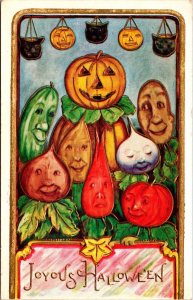 Vintage Anthropomorphic Pumpkin JOL ,Cat, Vegetable People, Halloween Postcard