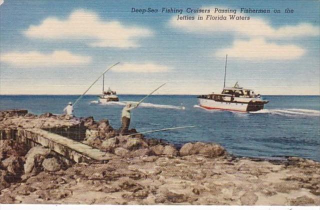 Florida Deep Sea Fishing Cruisers Passing Fishermen On The Jetties Curteich