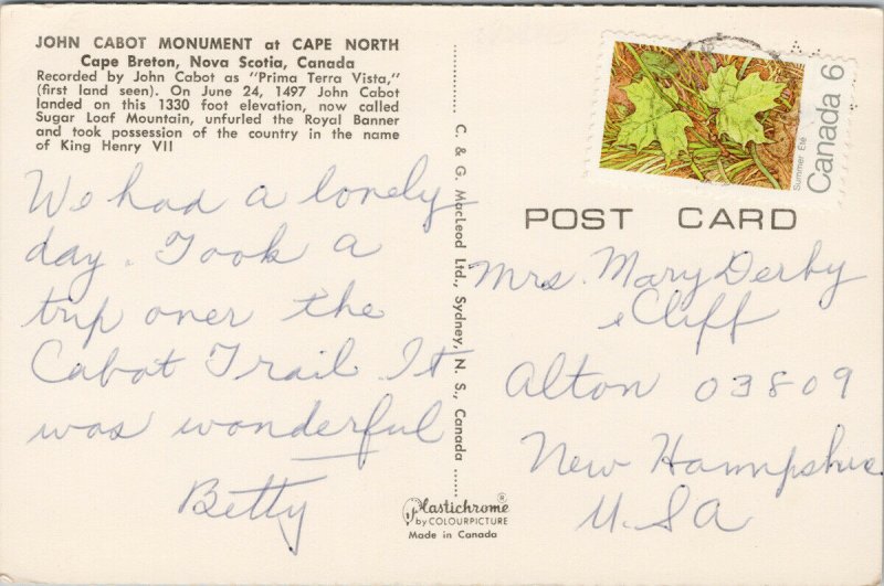 John Cabot Monument Cape North NS Nova Scotia Postcard F77