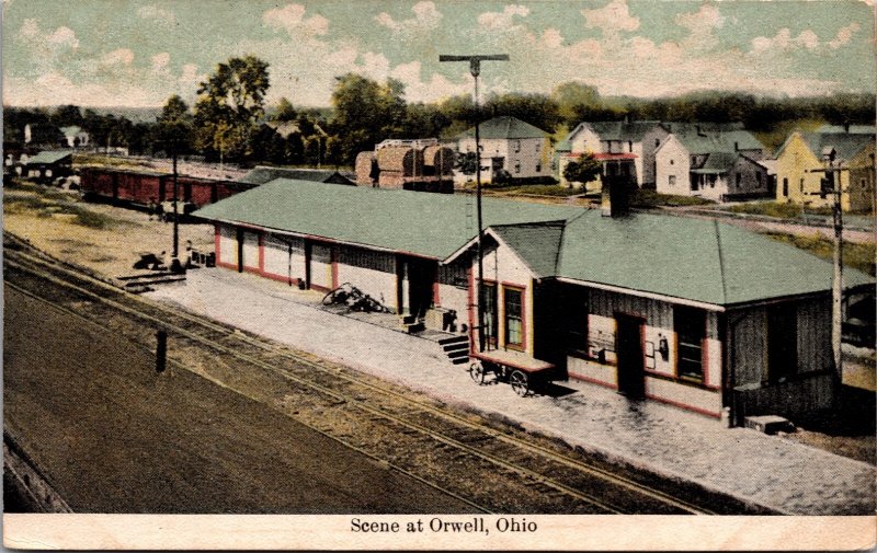 Scene at Orwell Ohio Railroad Depot Trolley Line Train Station Postcard 1910s