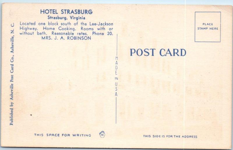 STRASBURG, Virginia  VA    HOTEL STRASBURG  ca 1930s Linen    Postcard