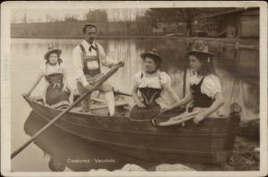 Swiss Women & Man in Boat Native Costumes c1910 Real Photo Postcard