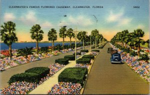 Vtg 1940s Clearwater's Famous Flowered Causeway Florida FL Linen Postcard