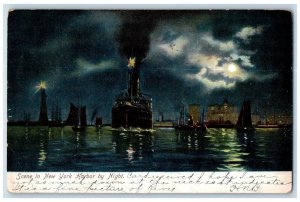 1908 Scene New York Harbor Night Steamer Sailboat Moon New York Vintage Postcard