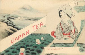 Vintage Postcard Advertising Japan Tea Women Picking Tea Camelias