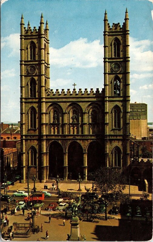 Notre Dame Church Montreal Canada Old Cars Postcard UNP WOB Note VTG Vintage 