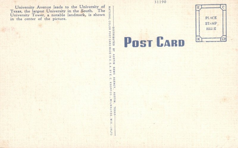 Austin Texas, University Avenue and University of Texas Tower Vintage Postcard