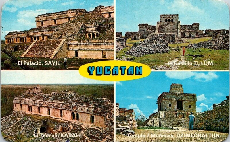 Yucatan Multiview Palace Sayil Castle Tulum Main Temple Kabah Postcard UNP VTG 