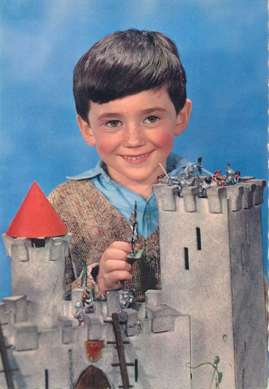 Postcard Easter greetings young boy child castle toys face happy smile sign