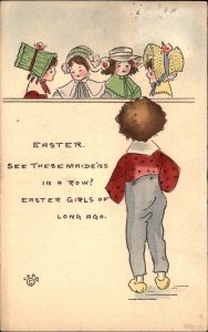 Easter Little Boy Sees Little Easter Girls Int'l Art c1910 Vintage Postcard