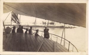 RPPC US Navy Ship, USS Kearsage (?) Officers on Deck at Stern, Flag 1910-30, AZO