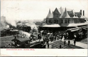 Postcard MI Durand Union Station Depot Locomotive Trains Railroad 1907 M40