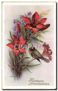 Old Postcard Flowers Happy Birthday Bird