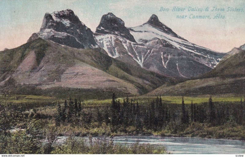 Near CANMORE, Alberta, Canada, PU-1911; Bow River Valley & Three Sisters