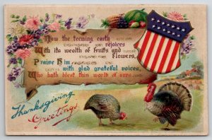 Thanksgiving Greetings Poem Turkeys Patriotic Floral Fruit Emb Postcard V22