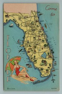 State Map Roads Bathing Beauty Come to Florida Postcard 