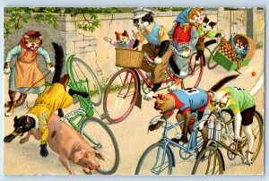 Alfred Mainzer Signed Postcard Anthropomorphic Cat Kittens Driving Bicycle