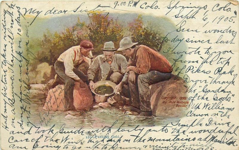 Panning Gold Prospectors Artist Impression c 1898 pm 1905 Colorado Postcard