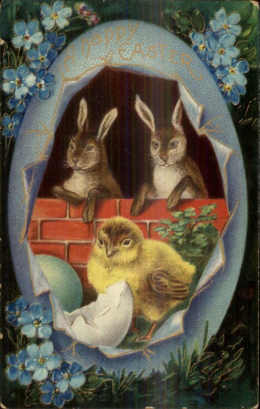 Easter Rabbits Behind Brick Wall Chick c1910 Postcard