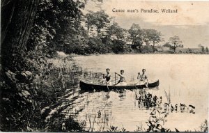 Postcard ON Welland Canoe Man's Paradise Three Men in a Canoe 1909 K8