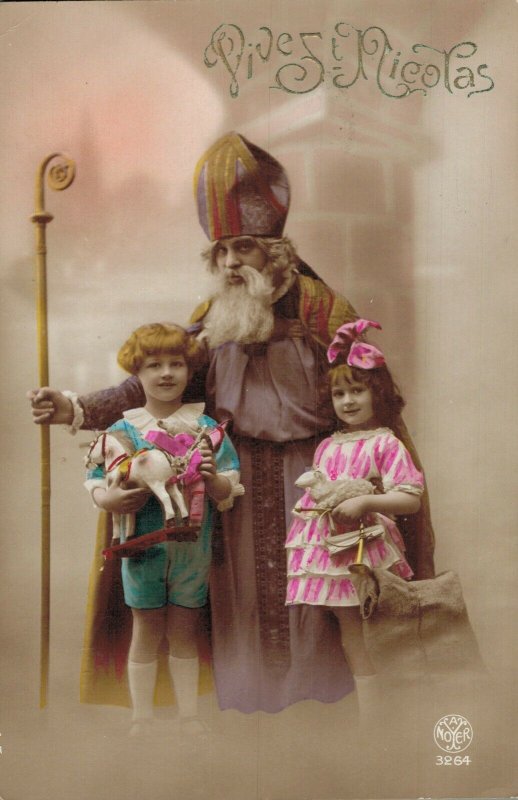 Saint Nicholas With Boy And Girl Santa Claus Saint Nicolas Vintage RPPC 08.42 