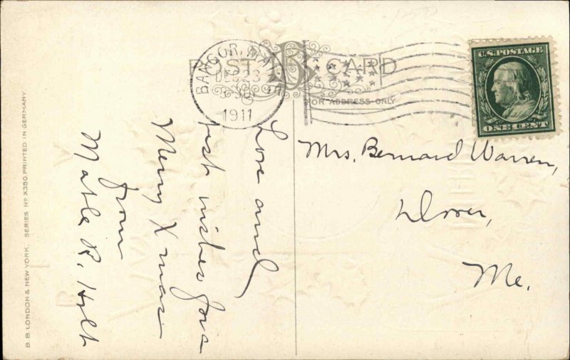 Christmas Clock Holly Gilt Embossed BB London c1900s-20s Postcard