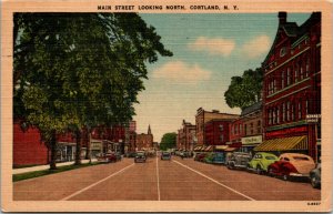 Postcard NY Cortland Main Street Looking North Kinney Shoe Store LINEN 1960 S45