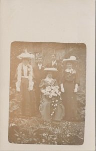 Portrait of Three Women Two Men Hats Faded Unused RPPC Postcard F63 
