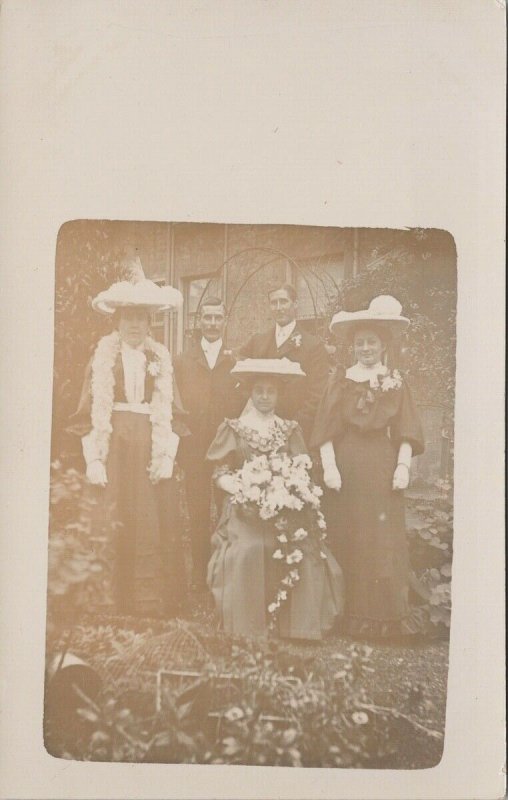 Portrait of Three Women Two Men Hats Faded Unused RPPC Postcard F63