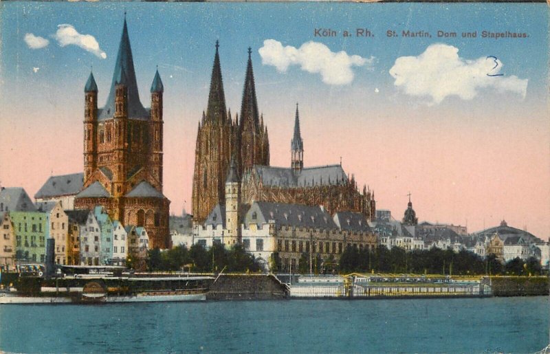 Navigation & sailing related old postcard Koln a. Rhein St. Martin dome cruise