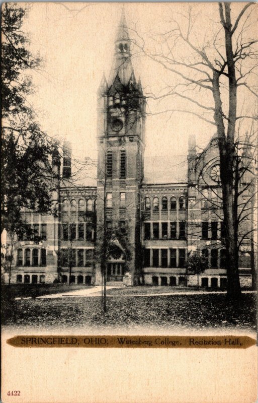 Vtg 1900s Wittenberg College University Recitation Hall Springfield OH Postcard