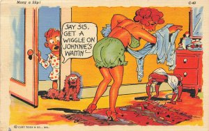 Curt Teich Say Sis, Get A Wiggle On Johnnie's Waiting C-40 Linen Postcard