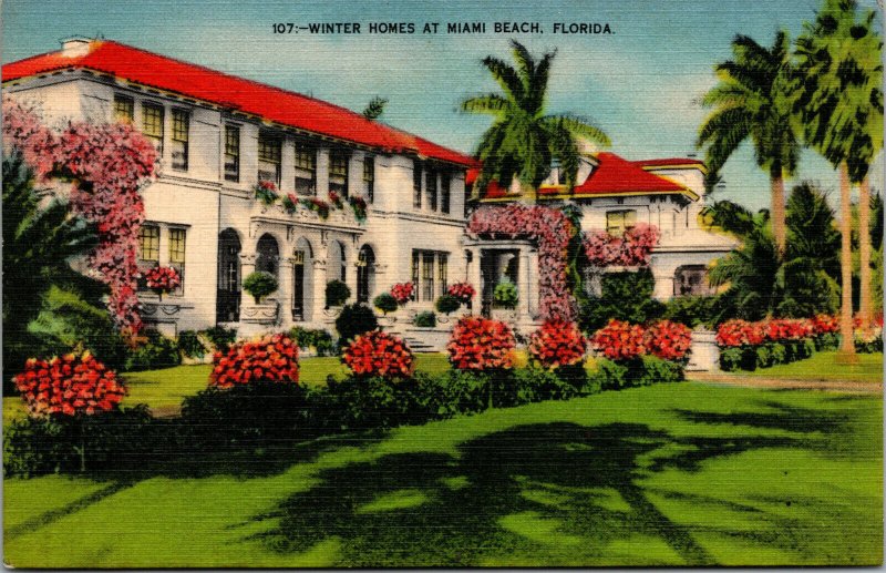 Vtg 1930's Winter Homes At Miami Beach Florida FL Linen Postcard