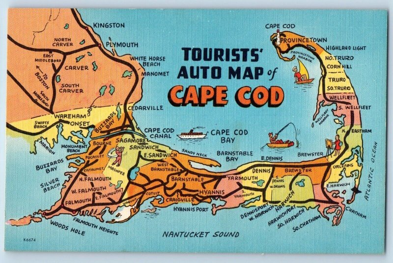 Cape Cod Massachusetts Postcard Tourists Auto Map Nantucket Sound c1940 Vintage