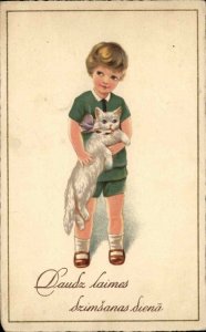 Foreign Holiday? Little Boy in Green w/ White Kitty Cat Postcard