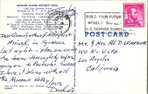 Mohawk Manor Motorist MCM Hotel Postcard Old Cars Syracuse NY 1960