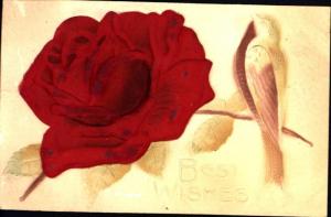 BEST WISHES-SILK RED ROSE & AIR BRUSHED BIRD AND LEAVES POSTCARD