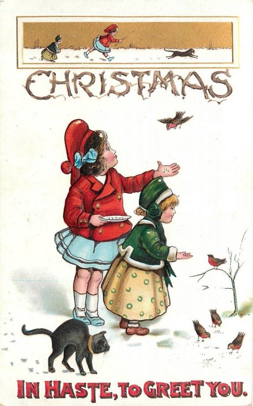 Postcard C-1910 Christmas girls Black Cat greeting BB London TP24-313