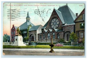 1909 Soldier's Monument and Presbyterian Church, Newport RI Postcard
