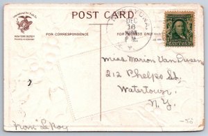 A Merry Christmas, Winter Scene, Holly, Antique 1908 Postcard, Niskayuna NY DPO