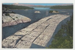 P3043, old postcard logging hugh log raft tug boat deception pass washington