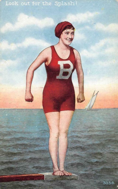 Look out for the Splash! Woman Edwardian Bathing Suit c1910s Vintage Postcard