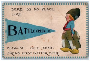 1913 Greetings From Battle Creek Iowa IA Letter Humor Pennant Antique Postcard